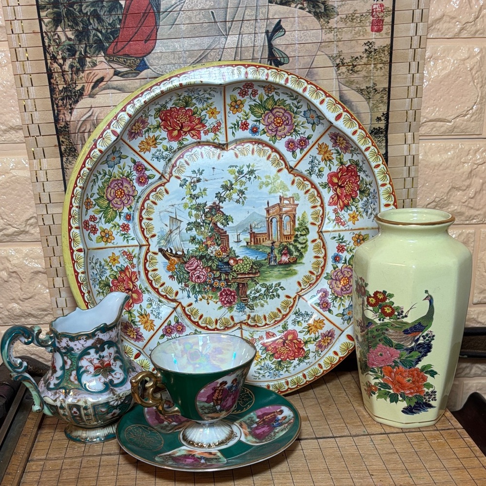 Yellow w Peacocks Vase, Boat Water Tin Bowl, Painted Creamer, Cu Saucer Set